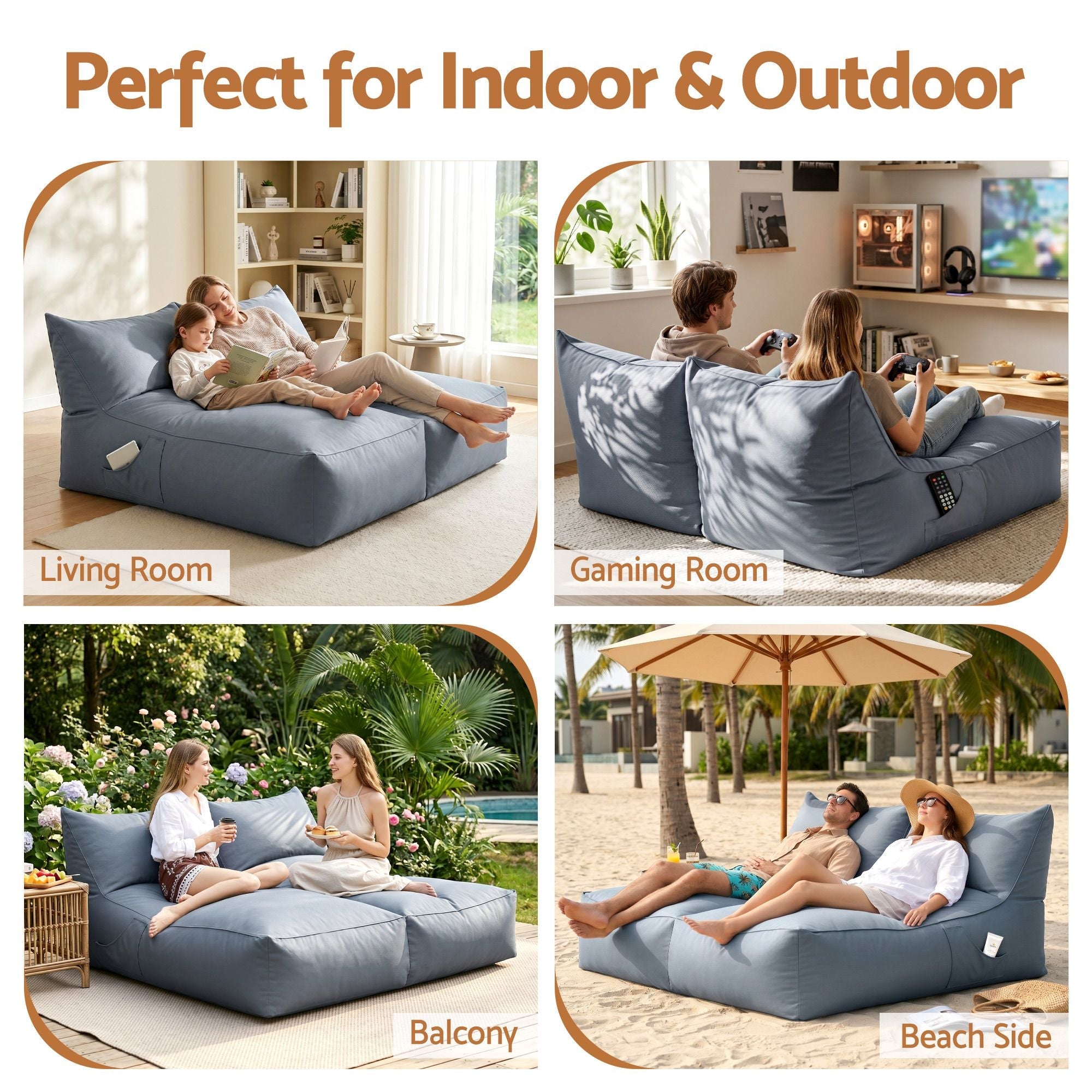 Outdoor Bean Bag Chair Cover (No Filler) 2 Seater Beanbag Lounge Sofacover Adults Splash - Proof Large Bean Bag Cover for Patio Poolside Relaxing Indoor, Grey - Furniture > Sofas > Sofa Accessories - Rivercity House & Home Co. (ABN 18 642 972 209) - Affordable Modern Furniture Australia