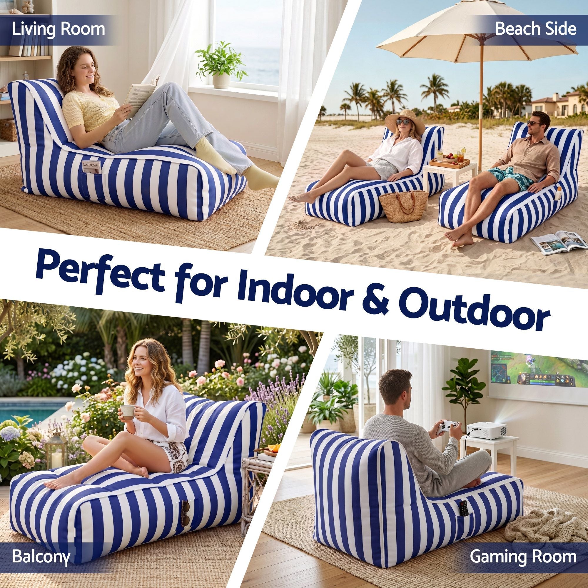 Outdoor Bean Bag Chair Cover (No Filler) Splash - Proof Beanbag Lounge Sofacover Stuffed Animal Storage Bean Bag Cover for Patio Poolside Relaxing, Blue - Furniture > Sofas > Sofa Accessories - Rivercity House & Home Co. (ABN 18 642 972 209) - Affordable Modern Furniture Australia