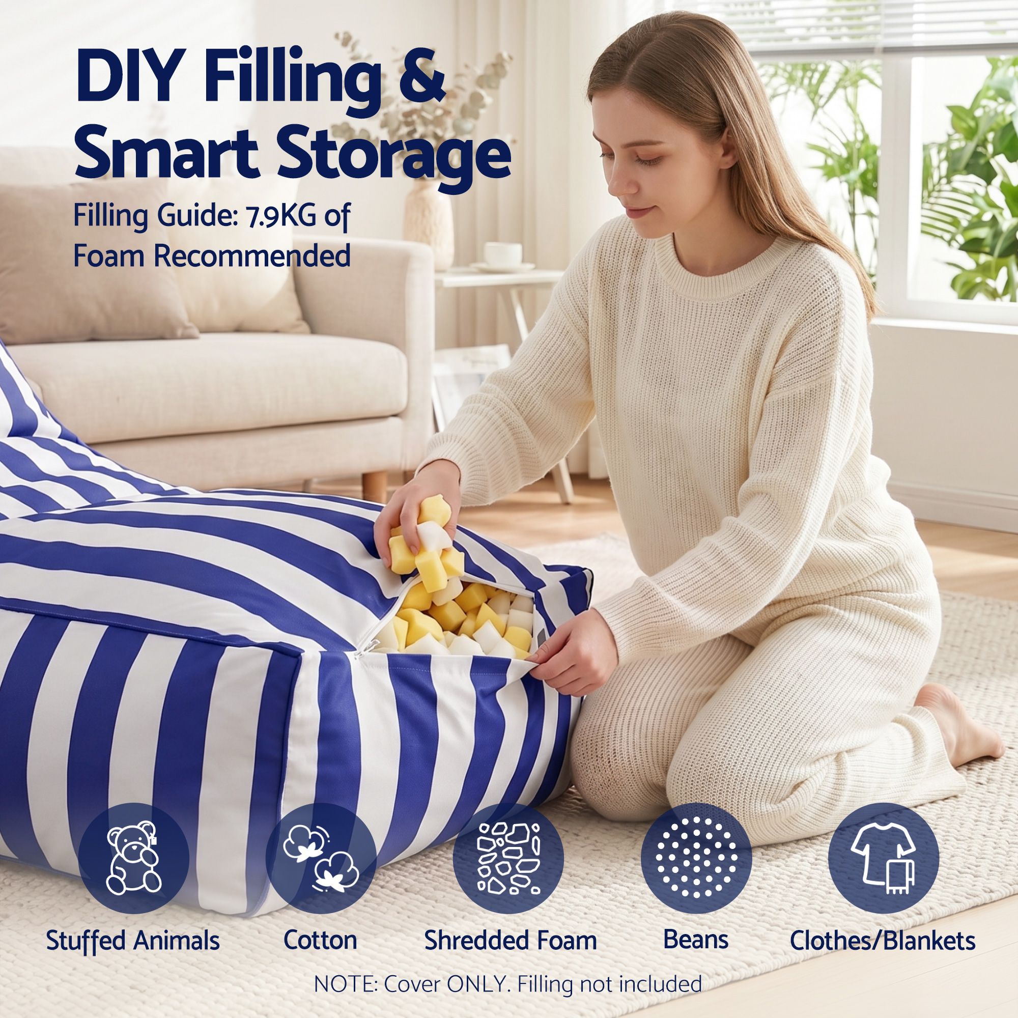 Outdoor Bean Bag Chair Cover (No Filler) Splash - Proof Beanbag Lounge Sofacover Stuffed Animal Storage Bean Bag Cover for Patio Poolside Relaxing, Blue - Furniture > Sofas > Sofa Accessories - Rivercity House & Home Co. (ABN 18 642 972 209) - Affordable Modern Furniture Australia