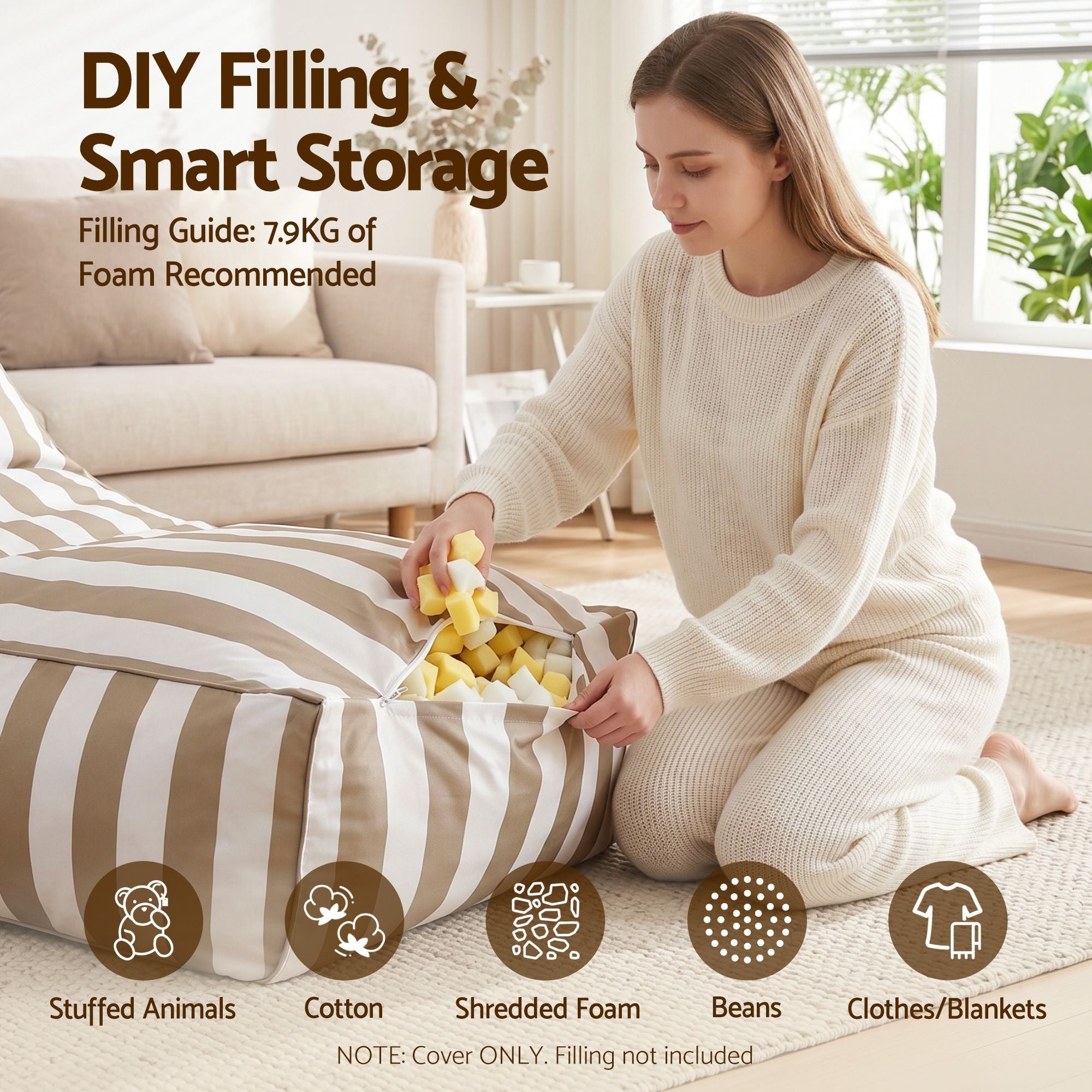 Outdoor Bean Bag Chair Cover (No Filler) Splash - Proof Beanbag Lounge Sofacover Stuffed Animal Storage Bean Bag Cover for Patio Poolside Relaxing, Taupe - Furniture > Sofas > Sofa Accessories - Rivercity House & Home Co. (ABN 18 642 972 209) - Affordable Modern Furniture Australia