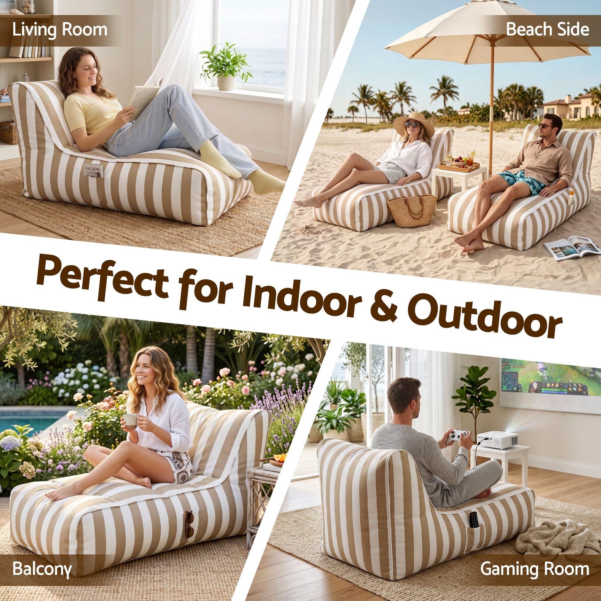 Outdoor Bean Bag Chair Cover (No Filler) Splash - Proof Beanbag Lounge Sofacover Stuffed Animal Storage Bean Bag Cover for Patio Poolside Relaxing, Taupe - Furniture > Sofas > Sofa Accessories - Rivercity House & Home Co. (ABN 18 642 972 209) - Affordable Modern Furniture Australia