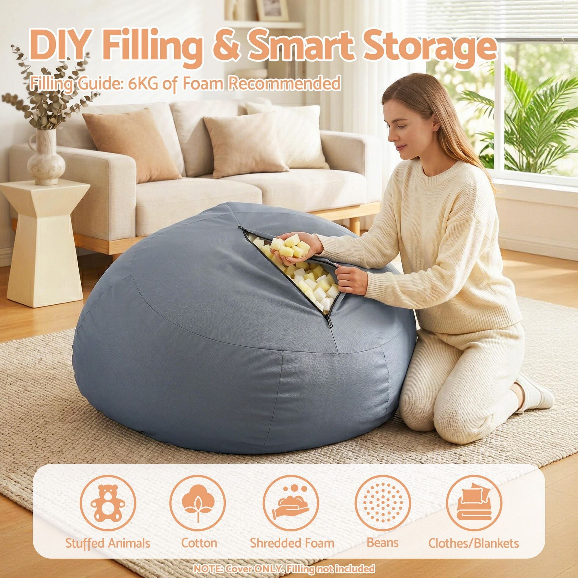 Outdoor Bean Bag Chair Cover (No Filler) Splash - Proof Beanbag Sofacover for Adults Teens Kids Stuffable Bean Bag Cover for Patio Poolside Relaxing, Grey - Furniture > Sofas > Sofa Accessories - Rivercity House & Home Co. (ABN 18 642 972 209) - Affordable Modern Furniture Australia