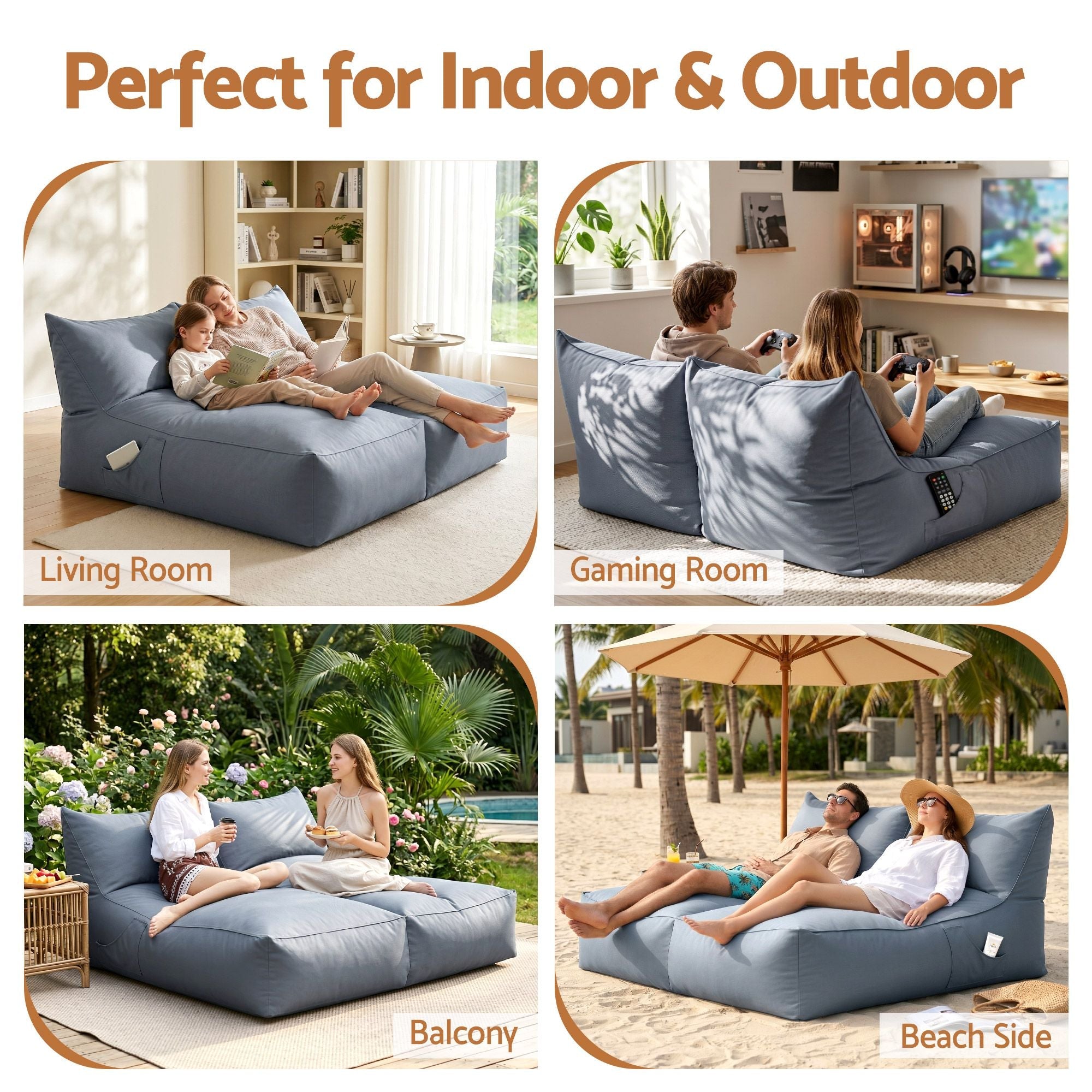 Outdoor Bean Bag Chair with Filler 2 Seater Beanbag Lounge Adults Splash-Proof Large Bean Bag Cover with Filling for Patio Poolside Relaxing Indoor, Grey - Furniture > Sofas > Sofa Accessories - Rivercity House & Home Co. (ABN 18 642 972 209) - Affordable Modern Furniture Australia