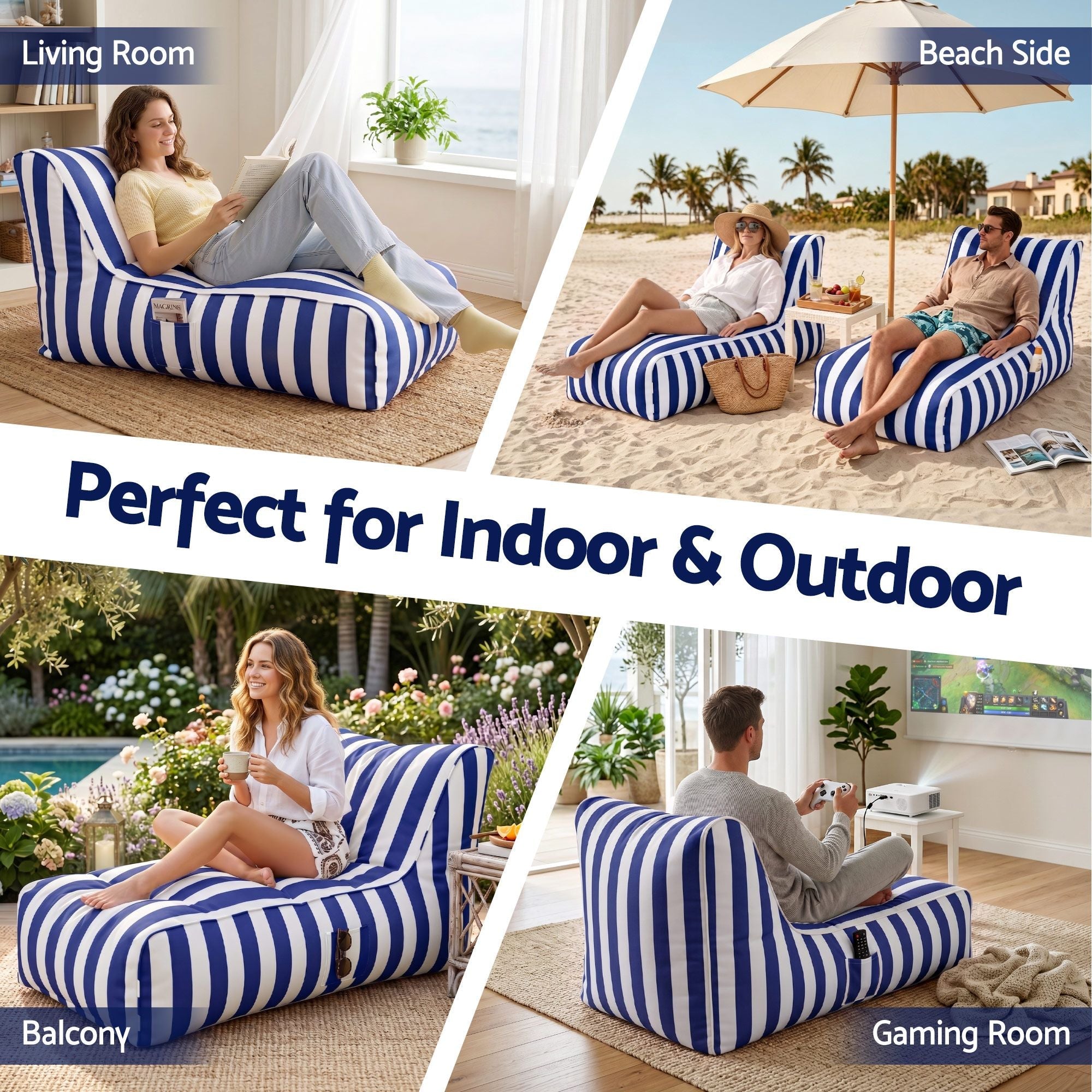 Outdoor Bean Bag Chair with Filler Splash - Proof Beanbag Lounge DIY Stuffed Animal Storage Bean Bag Washable for Patio Poolside Relaxing, Blue - Furniture > Sofas > Sofa Accessories - Rivercity House & Home Co. (ABN 18 642 972 209) - Affordable Modern Furniture Australia