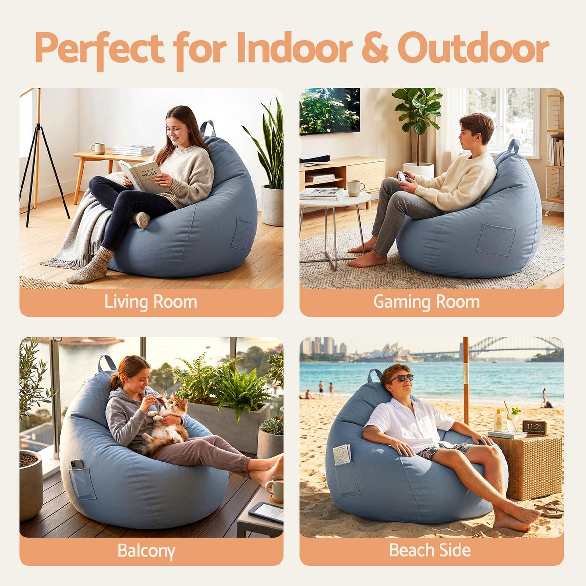 Outdoor Bean Bag Chair with Splash-Proof Cover and Memory Foam Filler DIY Stuffable Sofa for Adults, Teens & Kids - Grey - Furniture > Outdoor > Outdoor Chairs - Rivercity House & Home Co. (ABN 18 642 972 209) - Affordable Modern Furniture Australia
