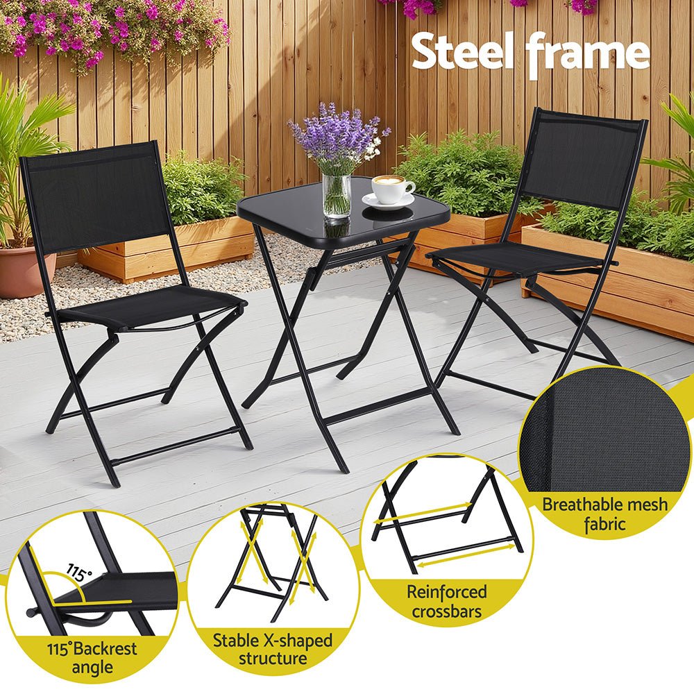 Outdoor Bistro Set Folding Table and Chairs Patio Furniture Garden Steel Black - Furniture > Outdoor > Outdoor Sofas & Lounge Sets - Rivercity House & Home Co. (ABN 18 642 972 209) - Affordable Modern Furniture Australia