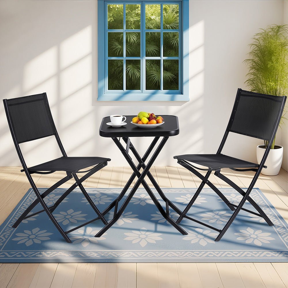 Outdoor Bistro Set Folding Table and Chairs Patio Furniture Garden Steel Black - Furniture > Outdoor > Outdoor Sofas & Lounge Sets - Rivercity House & Home Co. (ABN 18 642 972 209) - Affordable Modern Furniture Australia