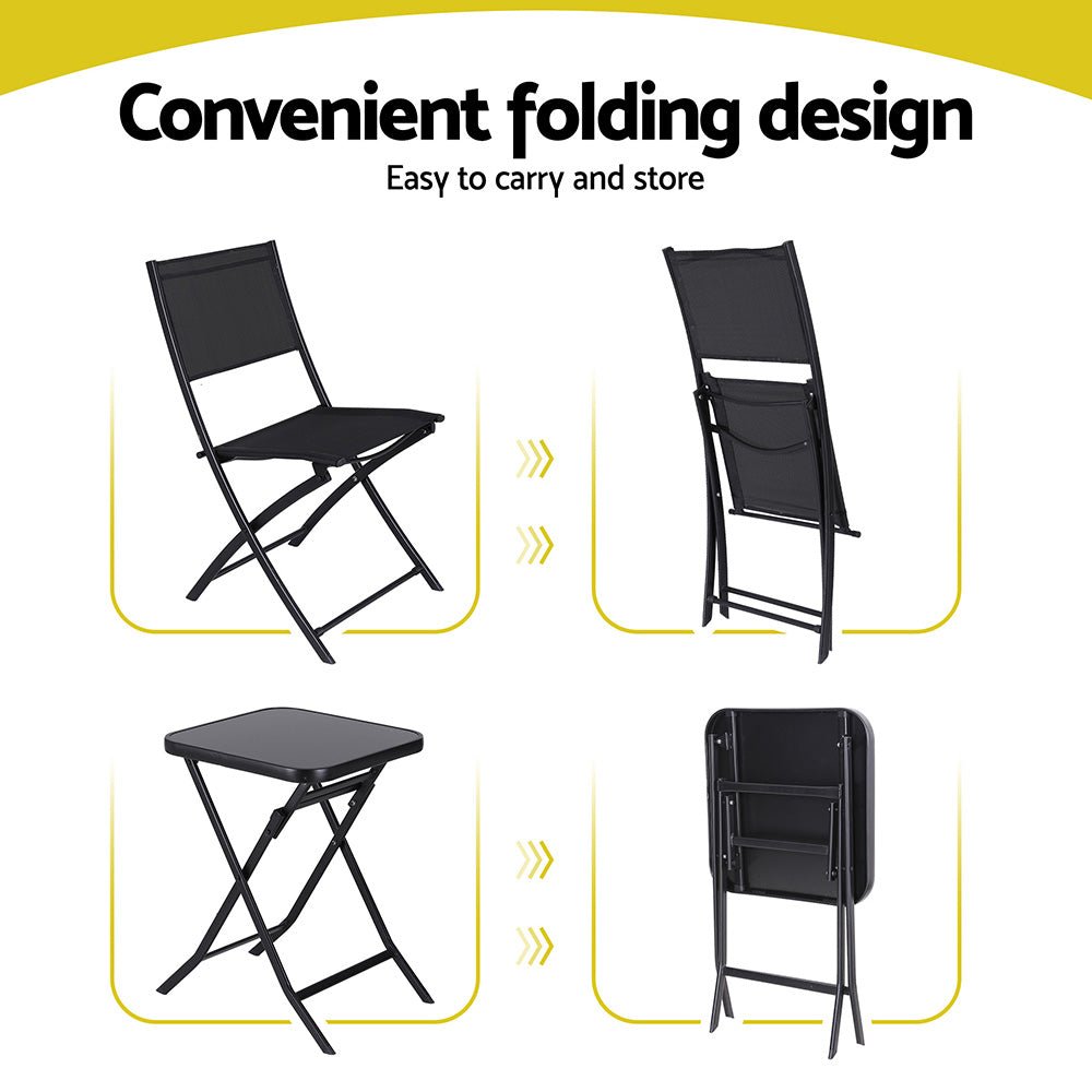 Outdoor Bistro Set Folding Table and Chairs Patio Furniture Garden Steel Black - Furniture > Outdoor > Outdoor Sofas & Lounge Sets - Rivercity House & Home Co. (ABN 18 642 972 209) - Affordable Modern Furniture Australia