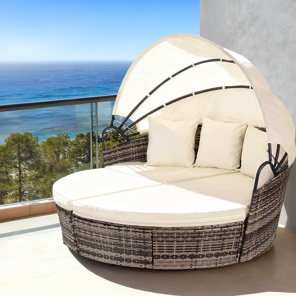 Outdoor Day Bed Sun Lounge Setting Wicker Lounger Furniture Patio Beige Set of 3 - Furniture > Sofas > Sofas & Sofa Beds - Rivercity House & Home Co. (ABN 18 642 972 209) - Affordable Modern Furniture Australia
