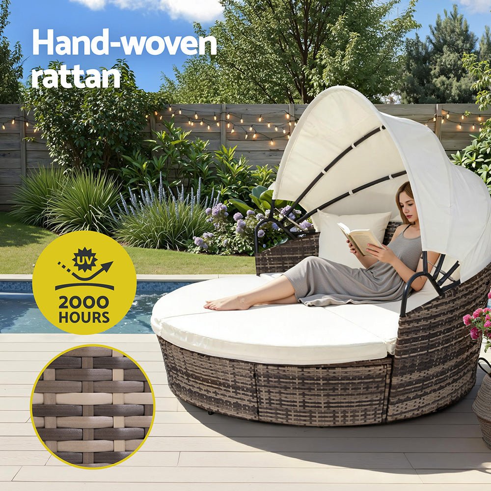 Outdoor Day Bed Sun Lounge Setting Wicker Lounger Furniture Patio Beige Set of 3 - Furniture > Sofas > Sofas & Sofa Beds - Rivercity House & Home Co. (ABN 18 642 972 209) - Affordable Modern Furniture Australia
