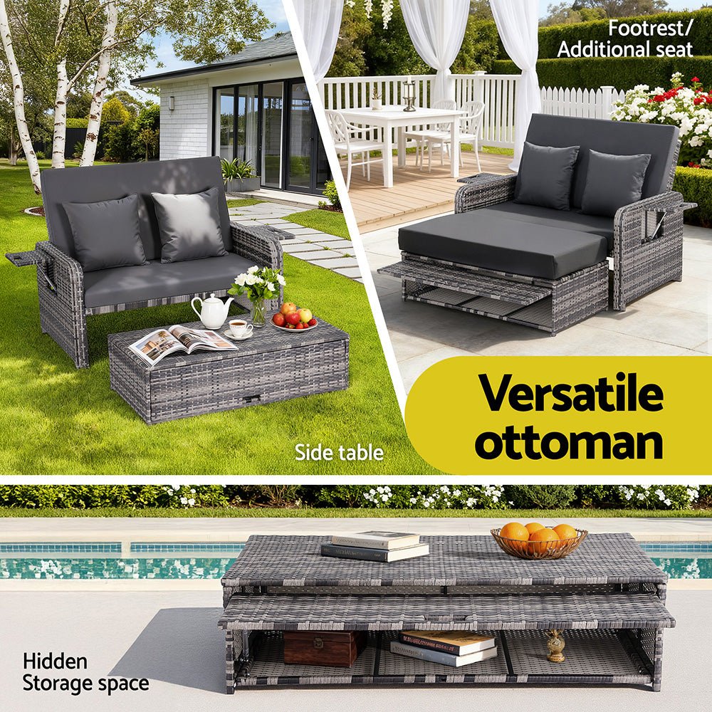 Outdoor Day Bed Sun Lounge Setting Wicker Lounger Patio Furniture Grey - Furniture > Sofas > Sofas & Sofa Beds - Rivercity House & Home Co. (ABN 18 642 972 209) - Affordable Modern Furniture Australia