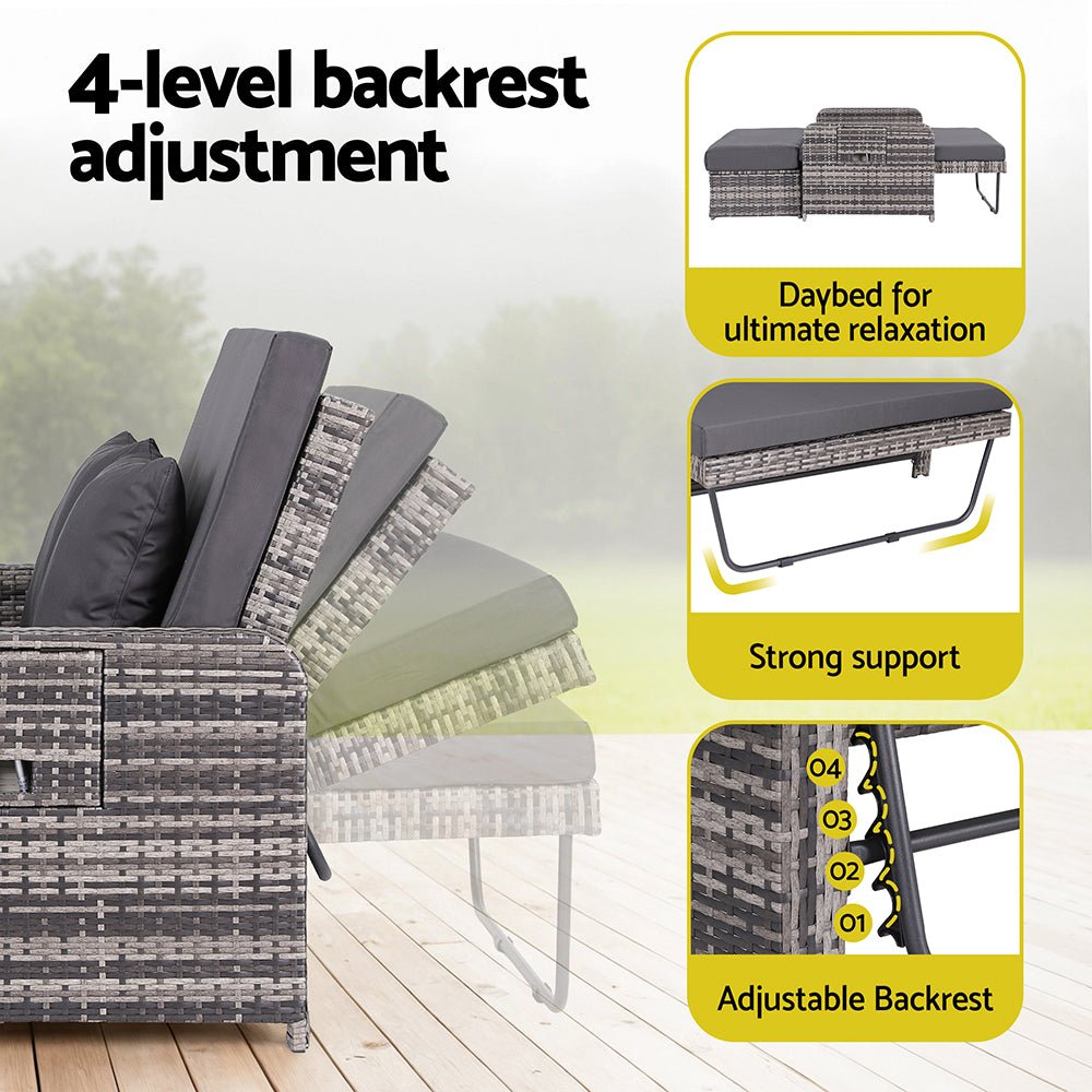 Outdoor Day Bed Sun Lounge Setting Wicker Lounger Patio Furniture Grey - Furniture > Sofas > Sofas & Sofa Beds - Rivercity House & Home Co. (ABN 18 642 972 209) - Affordable Modern Furniture Australia