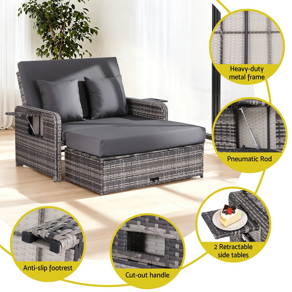 Outdoor Day Bed Sun Lounge Setting Wicker Lounger Patio Furniture Grey - Furniture > Sofas > Sofas & Sofa Beds - Rivercity House & Home Co. (ABN 18 642 972 209) - Affordable Modern Furniture Australia