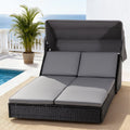 4-Position Adjustable Outdoor Day Bed Wicker Lounger with Canopy - Black