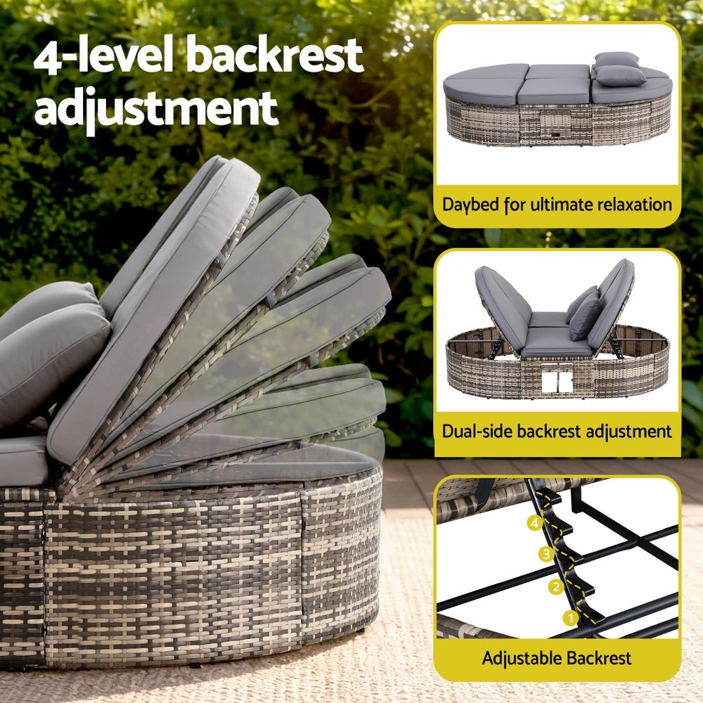 Outdoor Day Bed Sun Lounge Setting Wicker Lounger Patio Furniture w/ Retractable Side Tray - Furniture > Outdoor > Outdoor Chairs - Rivercity House & Home Co. (ABN 18 642 972 209) - Affordable Modern Furniture Australia