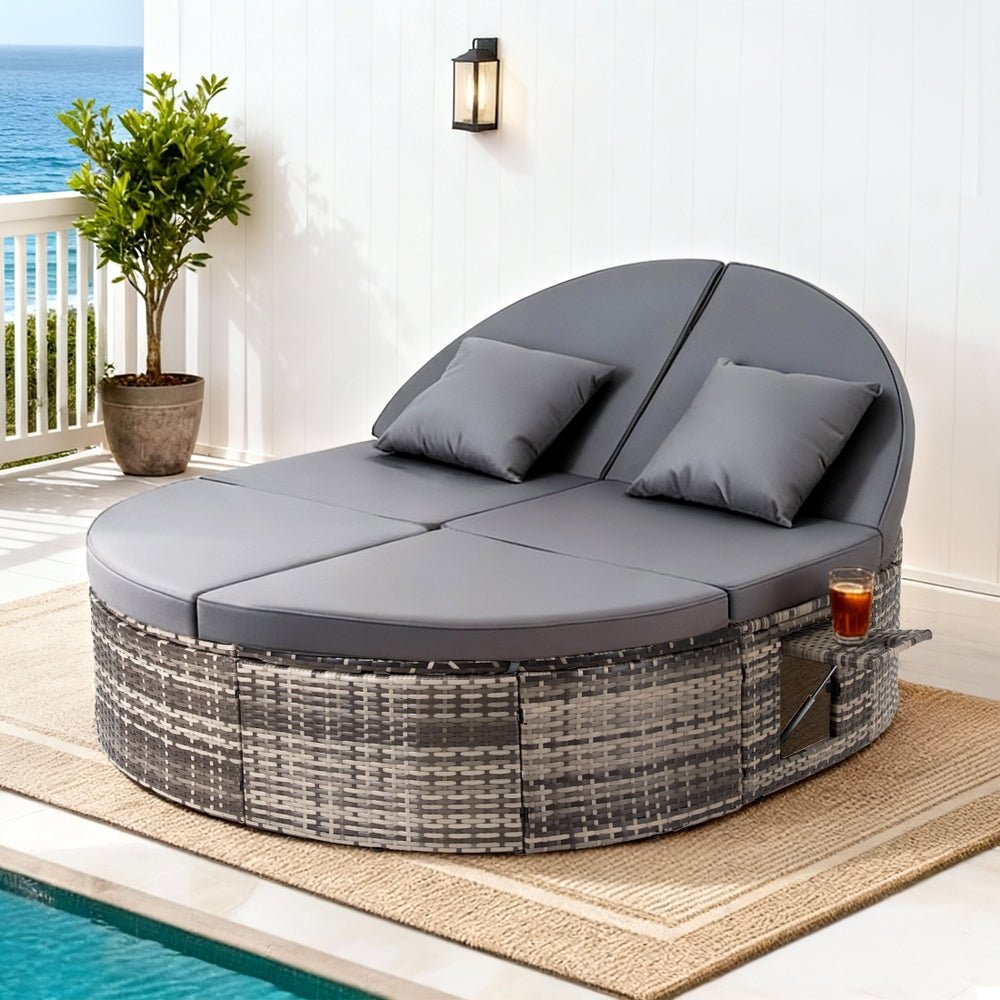 Outdoor Day Bed Sun Lounge Setting Wicker Lounger Patio Furniture w/ Retractable Side Tray - Furniture > Outdoor > Outdoor Chairs - Rivercity House & Home Co. (ABN 18 642 972 209) - Affordable Modern Furniture Australia