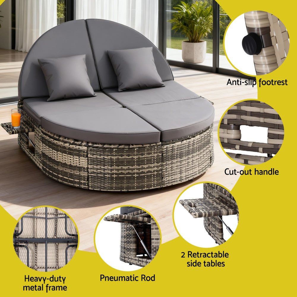 Outdoor Day Bed Sun Lounge Setting Wicker Lounger Patio Furniture w/ Retractable Side Tray - Furniture > Outdoor > Outdoor Chairs - Rivercity House & Home Co. (ABN 18 642 972 209) - Affordable Modern Furniture Australia