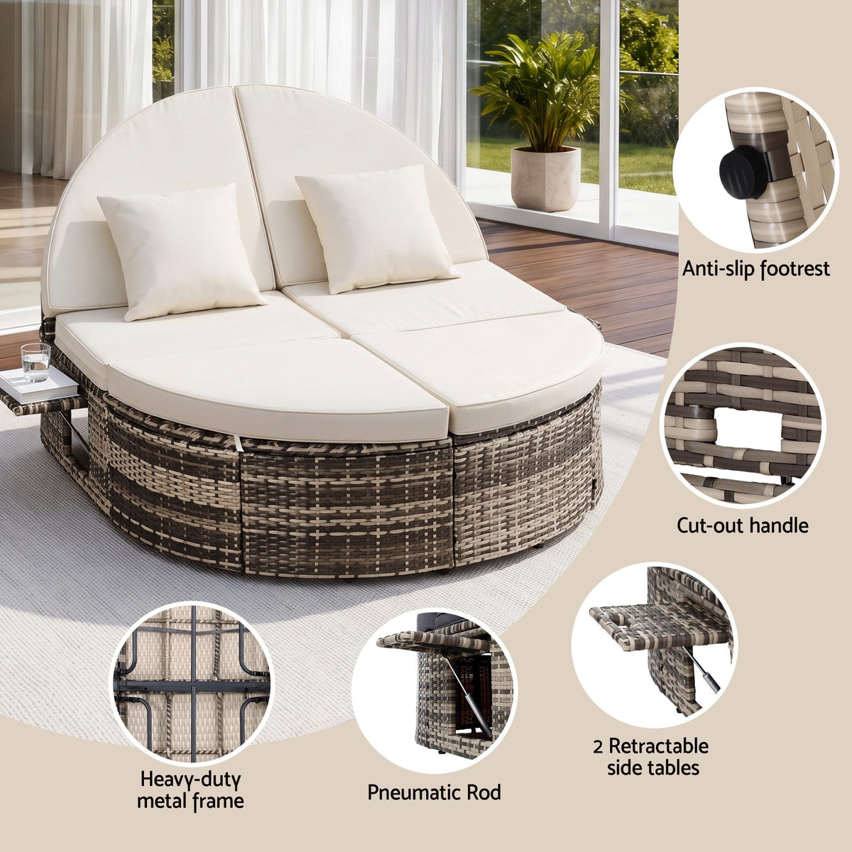 Outdoor Day Bed Sun Lounge with Retractable Side Tray - Beige - Furniture > Sofas > Sofas & Sofa Beds - Rivercity House & Home Co. (ABN 18 642 972 209) - Affordable Modern Furniture Australia