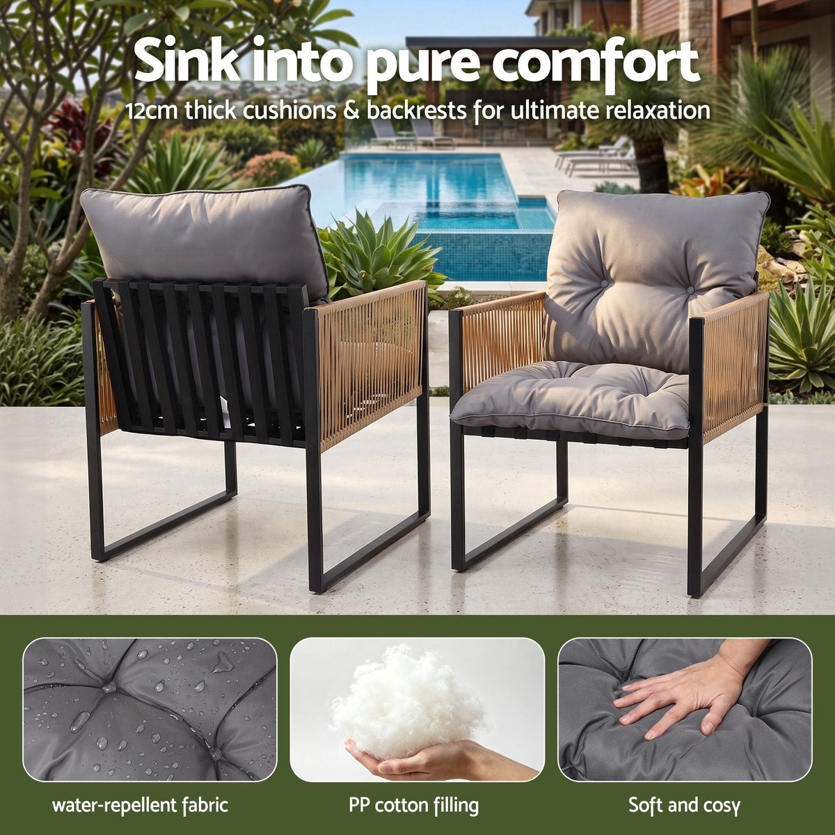 Outdoor Dining Chair with Cushion and Wicker Armrest - Black - Furniture > Dining > Kitchen & Dining Chairs - Rivercity House & Home Co. (ABN 18 642 972 209) - Affordable Modern Furniture Australia