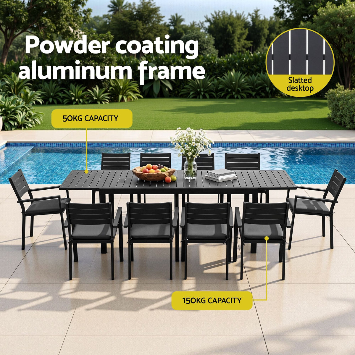 Outdoor Dining Set 11PCS Aluminum Extendable Table and Chairs Patio Furniture Black - Furniture > Outdoor > Outdoor Dining Sets - Rivercity House & Home Co. (ABN 18 642 972 209) - Affordable Modern Furniture Australia