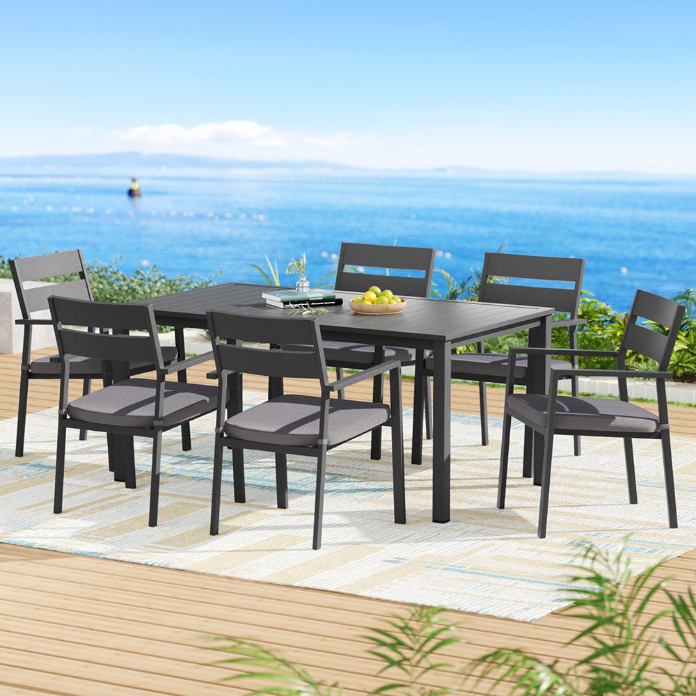 Outdoor Dining Set 7 Piece Aluminum Table Chairs Setting Black - Furniture > Outdoor > Outdoor Dining Sets - Rivercity House & Home Co. (ABN 18 642 972 209) - Affordable Modern Furniture Australia