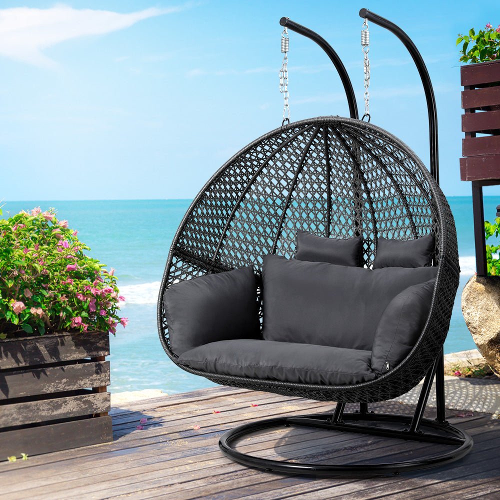 Outdoor Egg Swing Chair Hanging Pod Chair Wicker Cushion 2 Person Grey - Furniture > Outdoor > Outdoor Chairs - Rivercity House & Home Co. (ABN 18 642 972 209) - Affordable Modern Furniture Australia