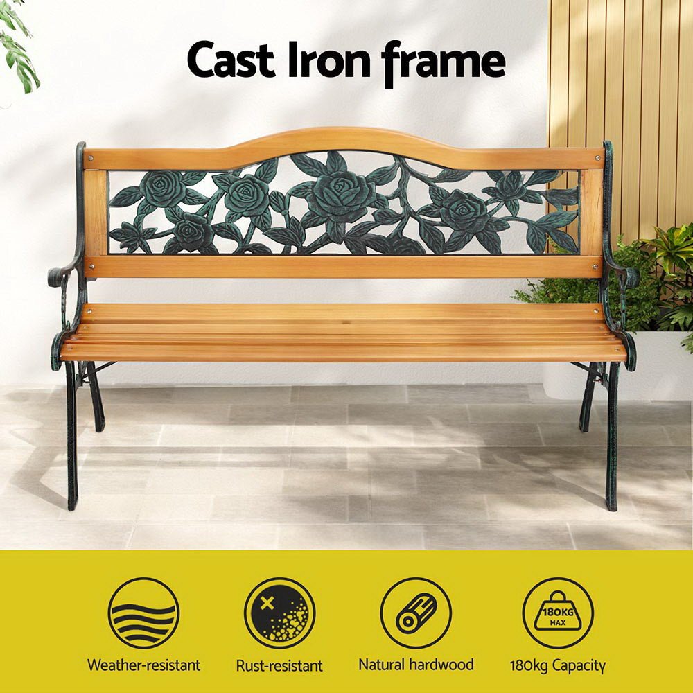 Outdoor Garden Bench Seat 126cm Wooden Cast Iron 3 Seater Patio Furniture - Furniture > Outdoor > Outdoor Benches - Rivercity House & Home Co. (ABN 18 642 972 209) - Affordable Modern Furniture Australia