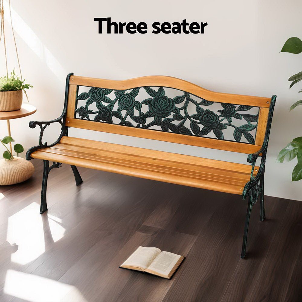 Outdoor Garden Bench Seat 126cm Wooden Cast Iron 3 Seater Patio Furniture - Furniture > Outdoor > Outdoor Benches - Rivercity House & Home Co. (ABN 18 642 972 209) - Affordable Modern Furniture Australia