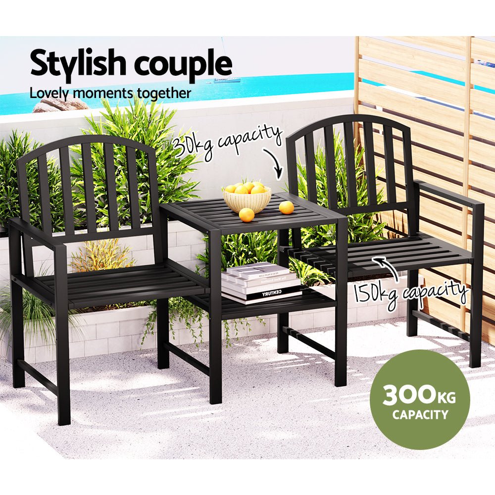 Outdoor Garden Bench Seat Loveseat Steel Table Chairs Patio Furniture Black - Furniture > Outdoor > Outdoor Chairs - Rivercity House & Home Co. (ABN 18 642 972 209) - Affordable Modern Furniture Australia