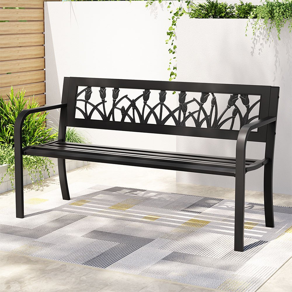 Outdoor Garden Bench Seat Outdoor Furniture Steel 2 Seater Park Black - Furniture > Outdoor > Outdoor Benches - Rivercity House & Home Co. (ABN 18 642 972 209) - Affordable Modern Furniture Australia