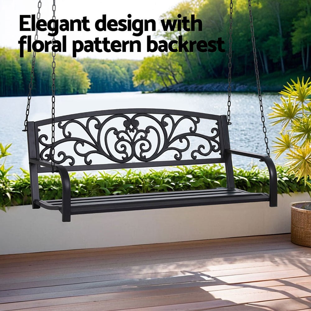 Outdoor Porch Swing Chair Patio Furniture Floral Backrest 2 Seater Black - Furniture > Outdoor > Outdoor Benches - Rivercity House & Home Co. (ABN 18 642 972 209) - Affordable Modern Furniture Australia