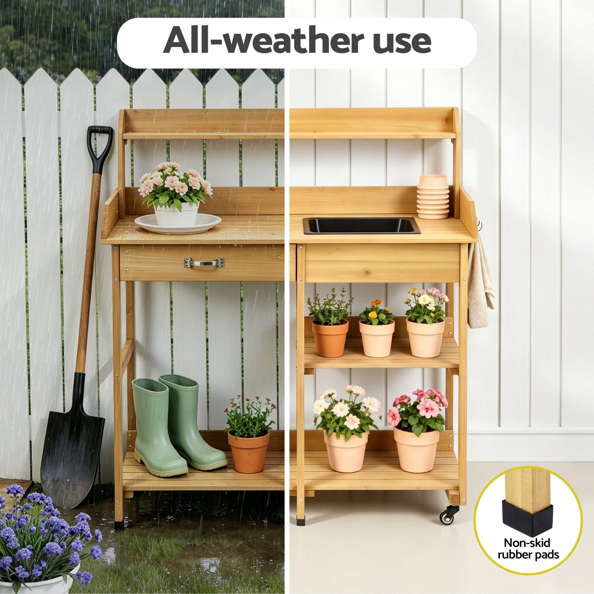 Outdoor Potting Bench Table with Storage Cabinet and Wheels - Natural - Furniture > Office > Storage Cabinets - Rivercity House & Home Co. (ABN 18 642 972 209) - Affordable Modern Furniture Australia