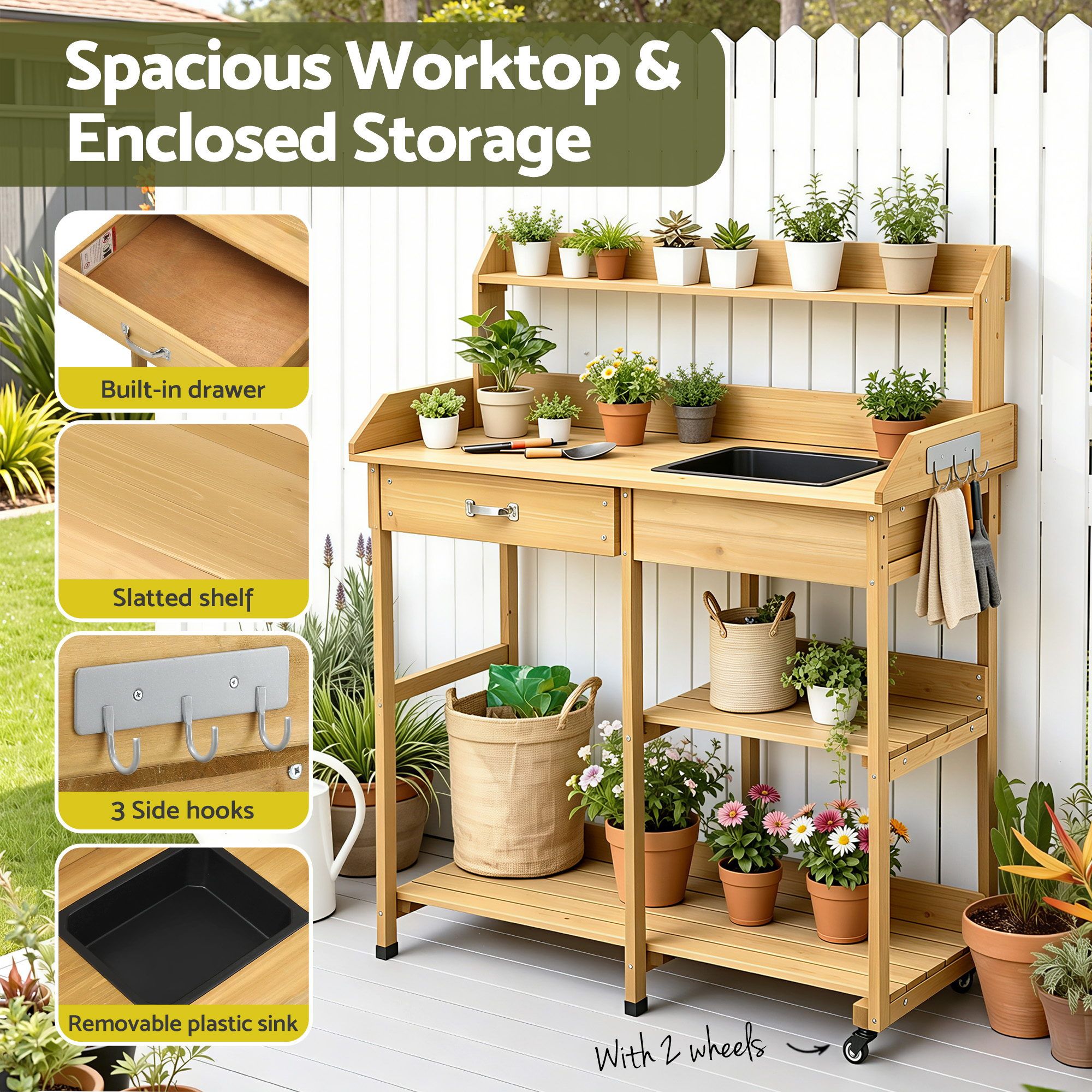 Outdoor Potting Bench Table with Storage Cabinet and Wheels - Natural - Furniture > Office > Storage Cabinets - Rivercity House & Home Co. (ABN 18 642 972 209) - Affordable Modern Furniture Australia