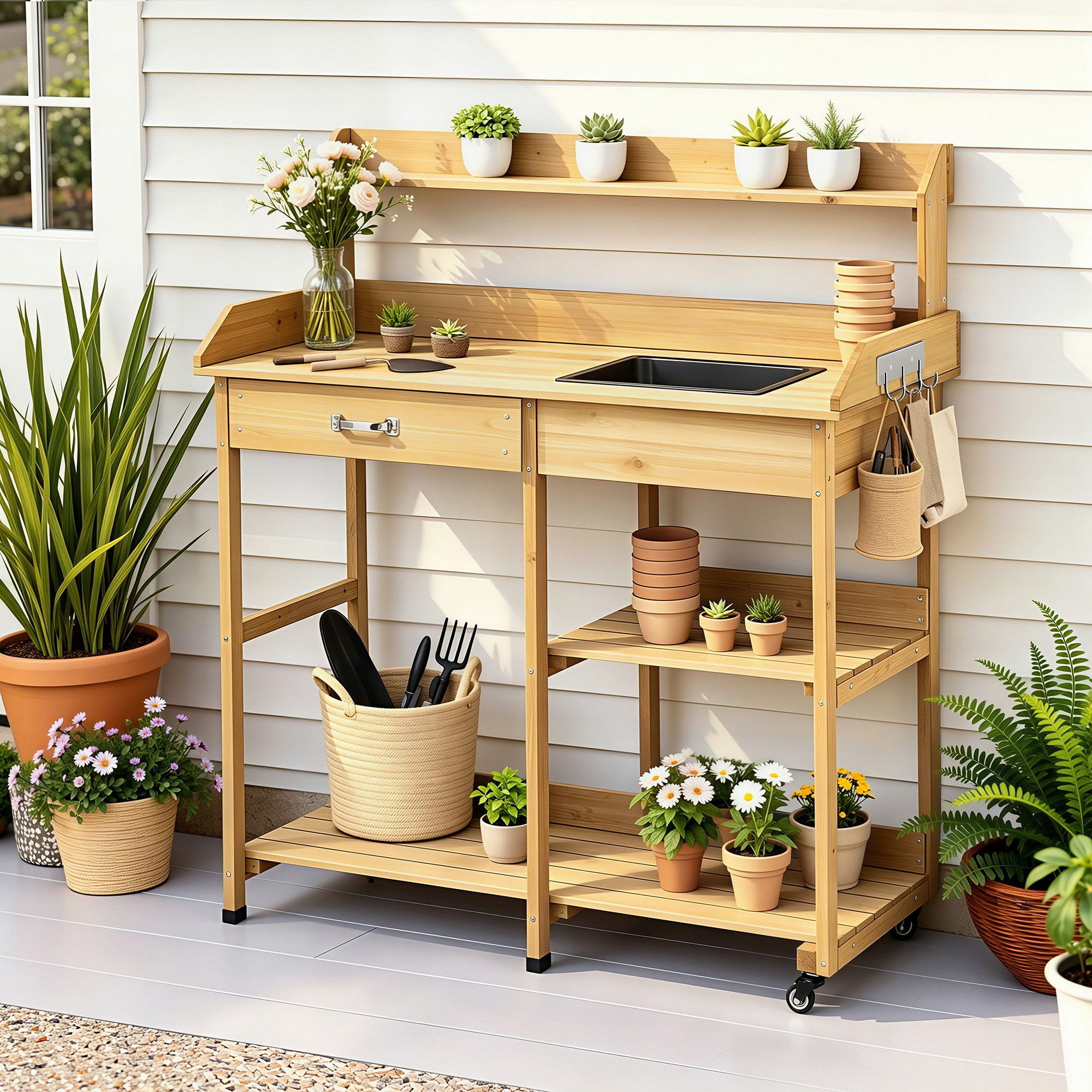 Outdoor Potting Bench Table with Storage Cabinet and Wheels - Natural - Furniture > Office > Storage Cabinets - Rivercity House & Home Co. (ABN 18 642 972 209) - Affordable Modern Furniture Australia