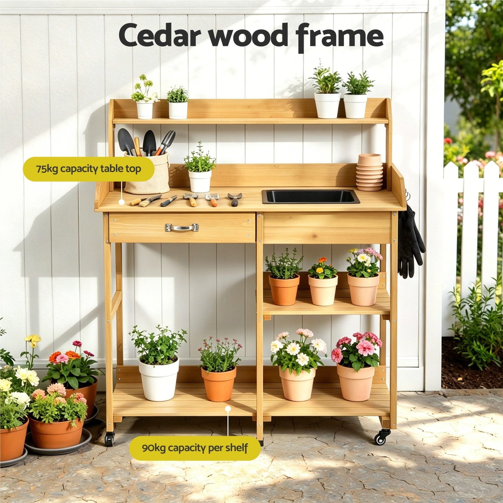 Outdoor Potting Bench Table with Storage Cabinet and Wheels - Natural - Furniture > Office > Storage Cabinets - Rivercity House & Home Co. (ABN 18 642 972 209) - Affordable Modern Furniture Australia