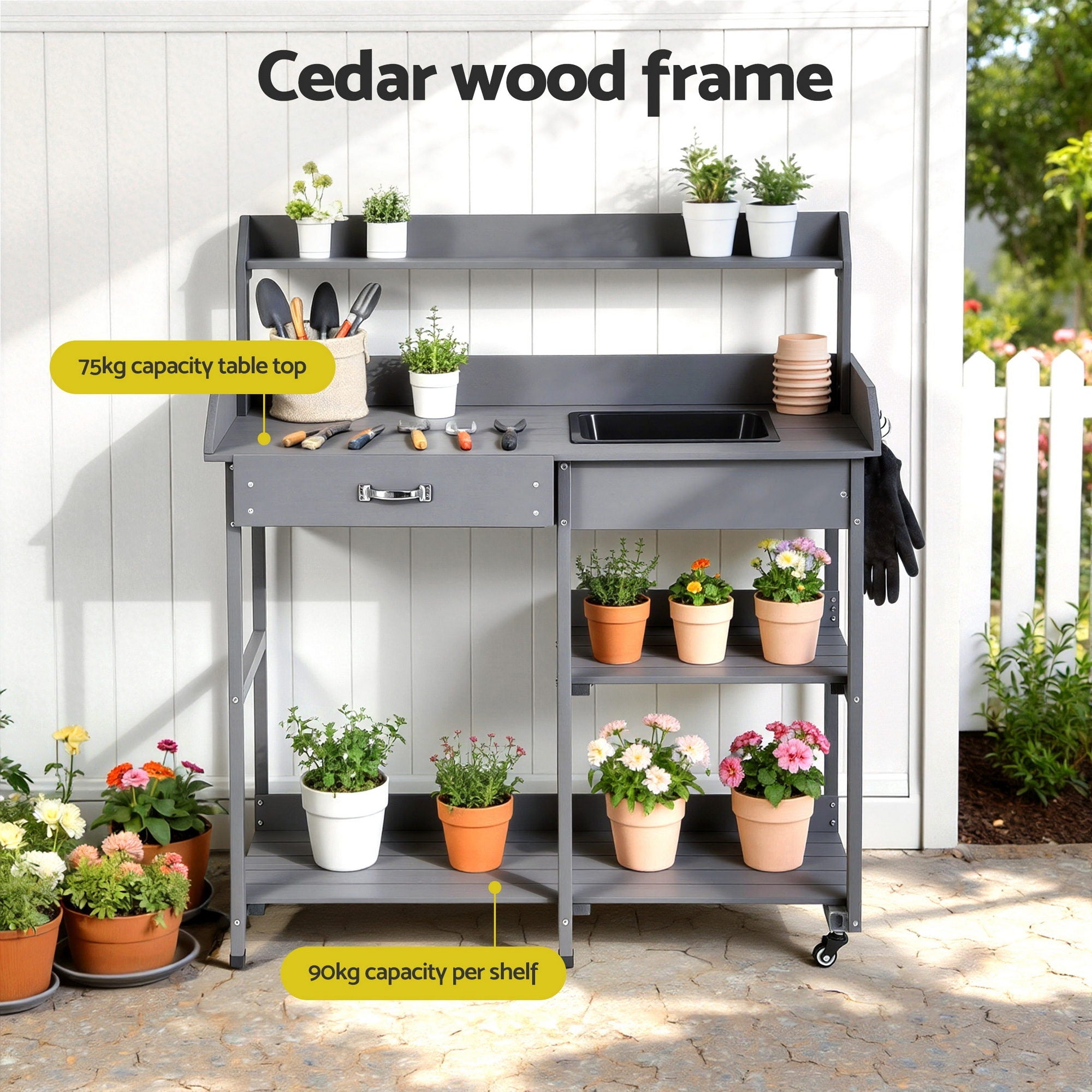 Outdoor Potting Bench Workstation with Storage Cabinet and Sink - Grey - Home & Garden > Storage > Storage Cabinets & Lockers - Rivercity House & Home Co. (ABN 18 642 972 209) - Affordable Modern Furniture Australia