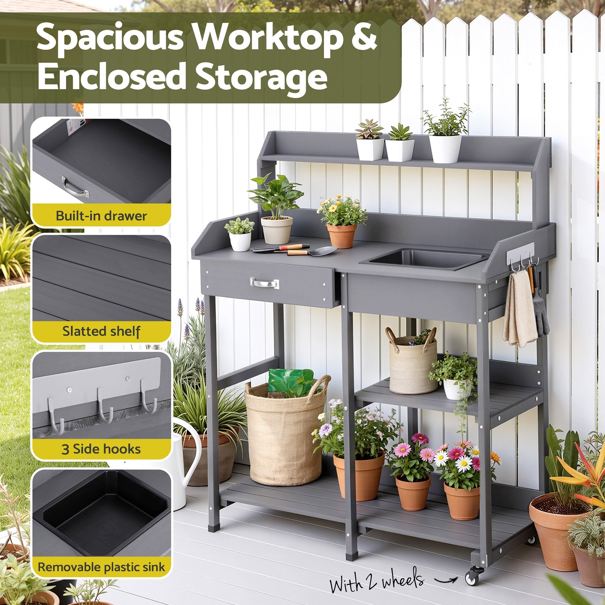 Outdoor Potting Bench Workstation with Storage Cabinet and Sink - Grey - Home & Garden > Storage > Storage Cabinets & Lockers - Rivercity House & Home Co. (ABN 18 642 972 209) - Affordable Modern Furniture Australia