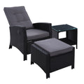 Outdoor Recliner Chair Set with Table & Ottoman - Black