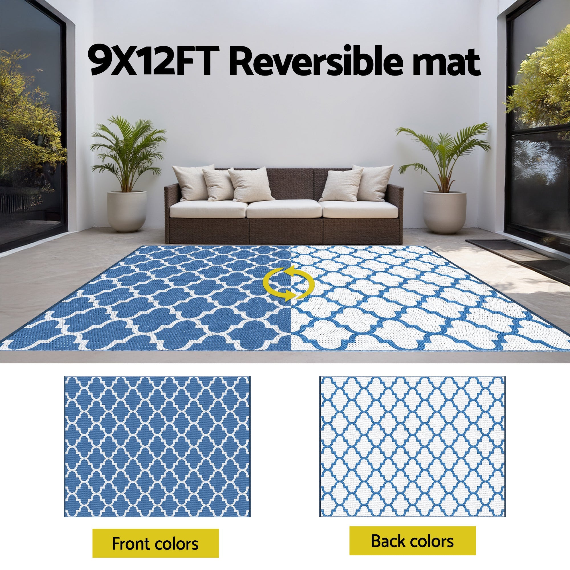 Outdoor Rugs 274x366cm Large Carpet Reversible Area Mat PP Dual - Sided Patio Rug Blue - Home & Garden > Rugs > Outdoor Rugs - Rivercity House & Home Co. (ABN 18 642 972 209) - Affordable Modern Furniture Australia