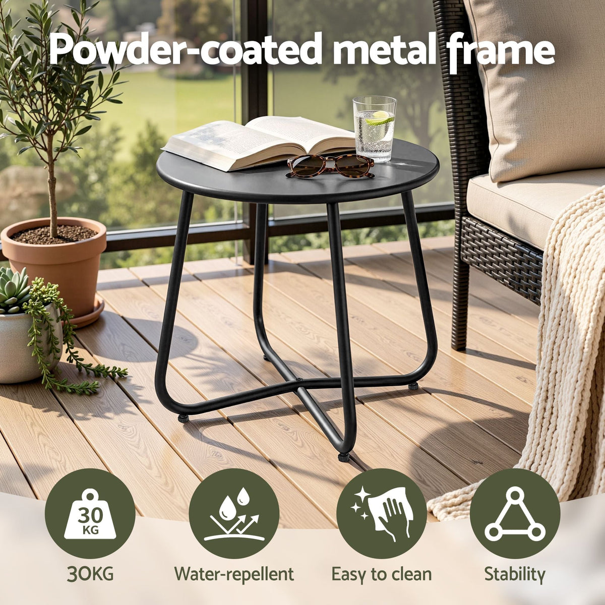 Outdoor Side Table with Steel Frame for Patio Balcony Garden - Black - Furniture > Living Room > Side Tables - Rivercity House & Home Co. (ABN 18 642 972 209) - Affordable Modern Furniture Australia