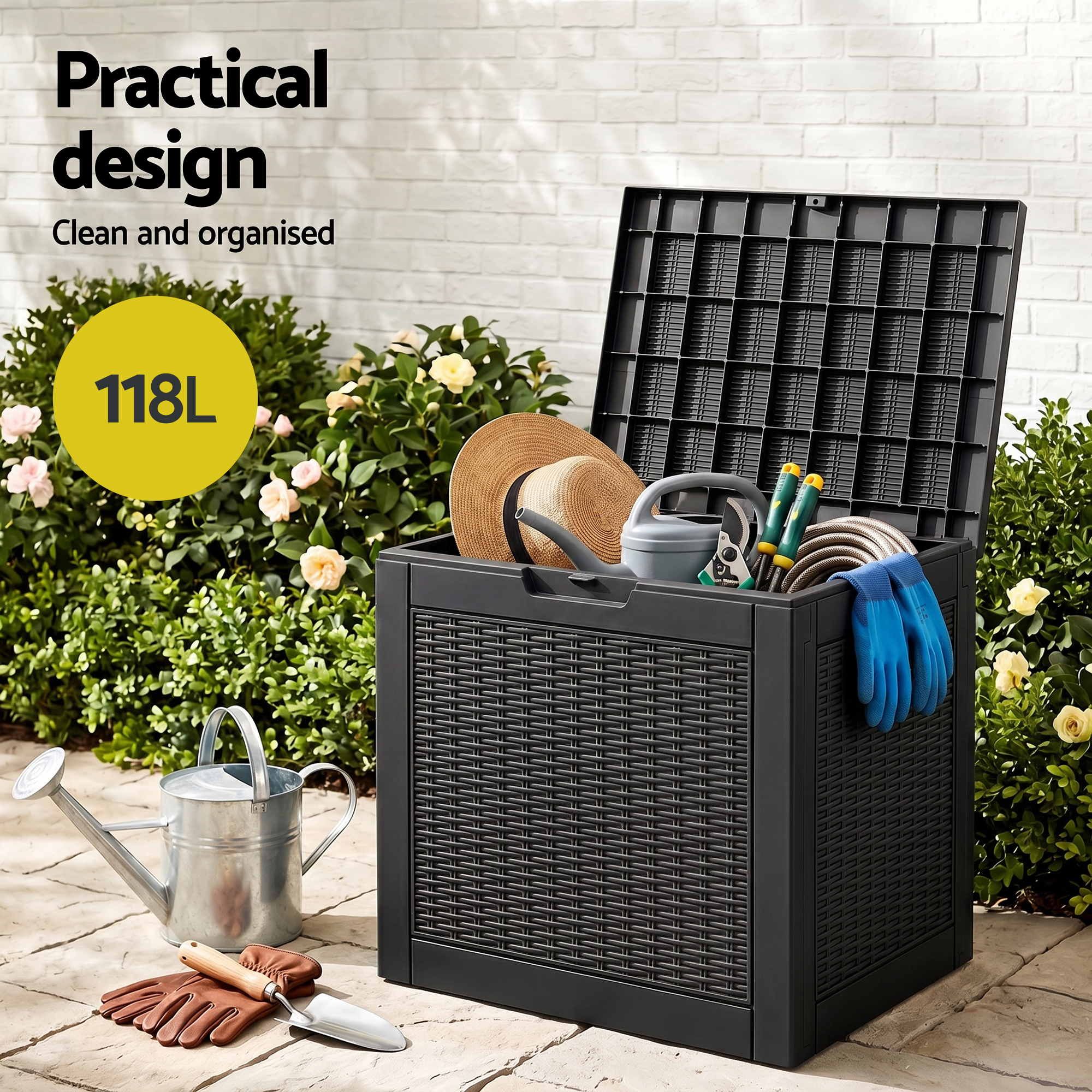 Outdoor Storage Box 118L Container Lockable Garden Toy Tool Rattan-Texture Black - Furniture > Outdoor > Outdoor Storage Boxes - Rivercity House & Home Co. (ABN 18 642 972 209) - Affordable Modern Furniture Australia