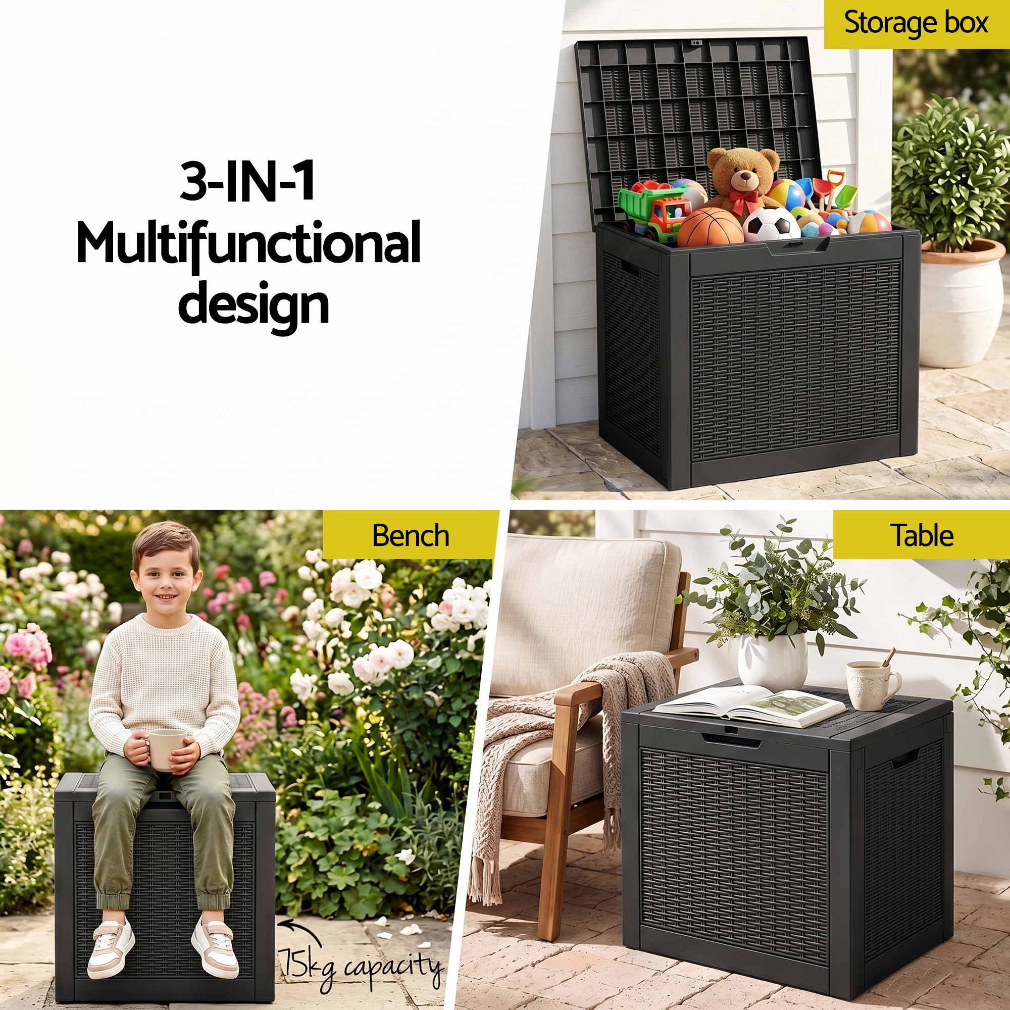 Outdoor Storage Box 118L Container Lockable Garden Toy Tool Rattan-Texture Black - Furniture > Outdoor > Outdoor Storage Boxes - Rivercity House & Home Co. (ABN 18 642 972 209) - Affordable Modern Furniture Australia