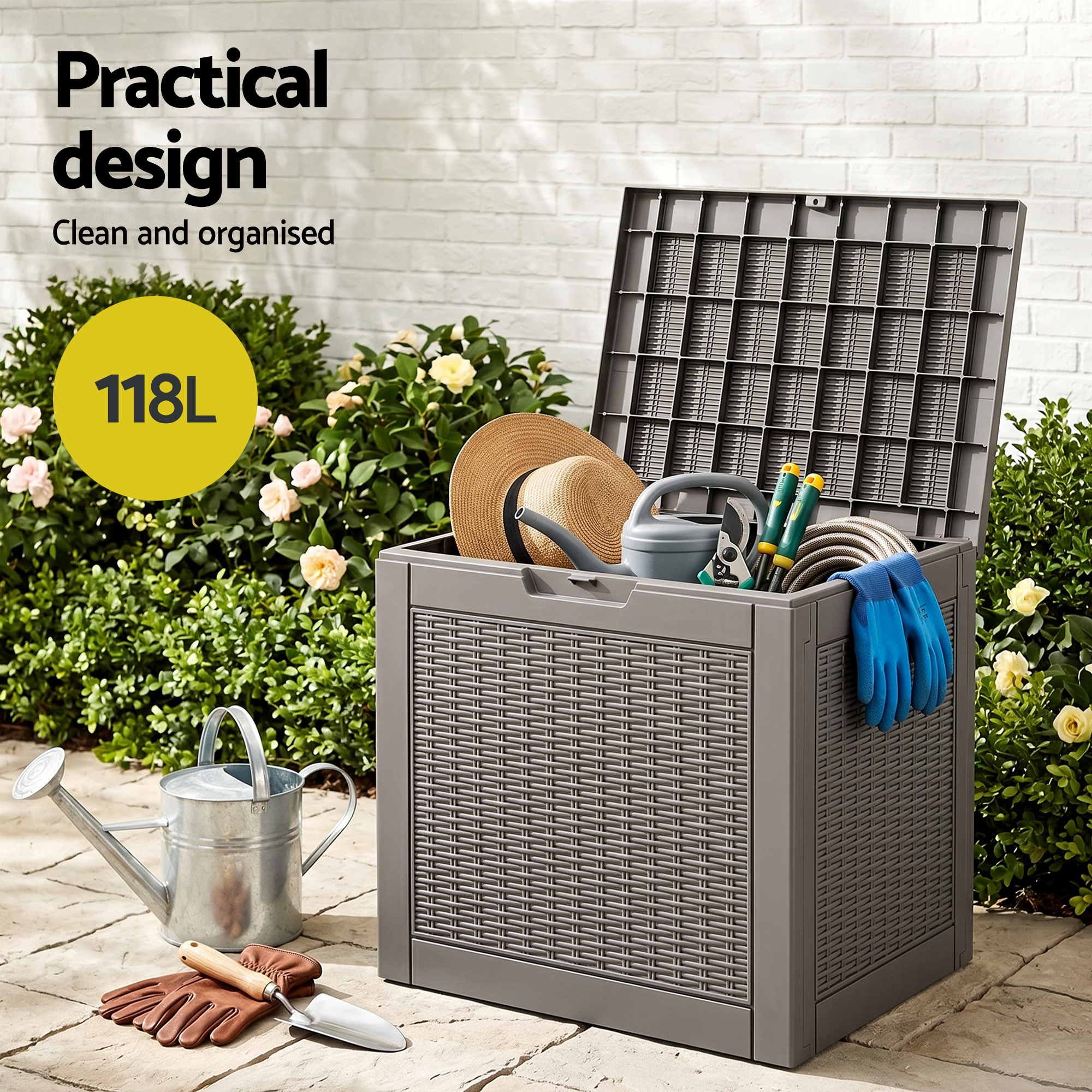 Outdoor Storage Box 118L Container Lockable Garden Toy Tool Rattan-Texture Brown - Furniture > Outdoor > Outdoor Storage Boxes - Rivercity House & Home Co. (ABN 18 642 972 209) - Affordable Modern Furniture Australia