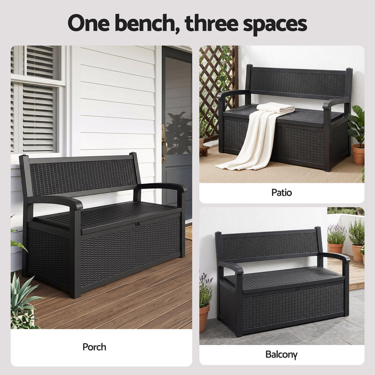 Outdoor Storage Box Bench with Backrest, Armrests & Lockable 254L Capacity - Black - Furniture > Outdoor > Outdoor Benches - Rivercity House & Home Co. (ABN 18 642 972 209) - Affordable Modern Furniture Australia