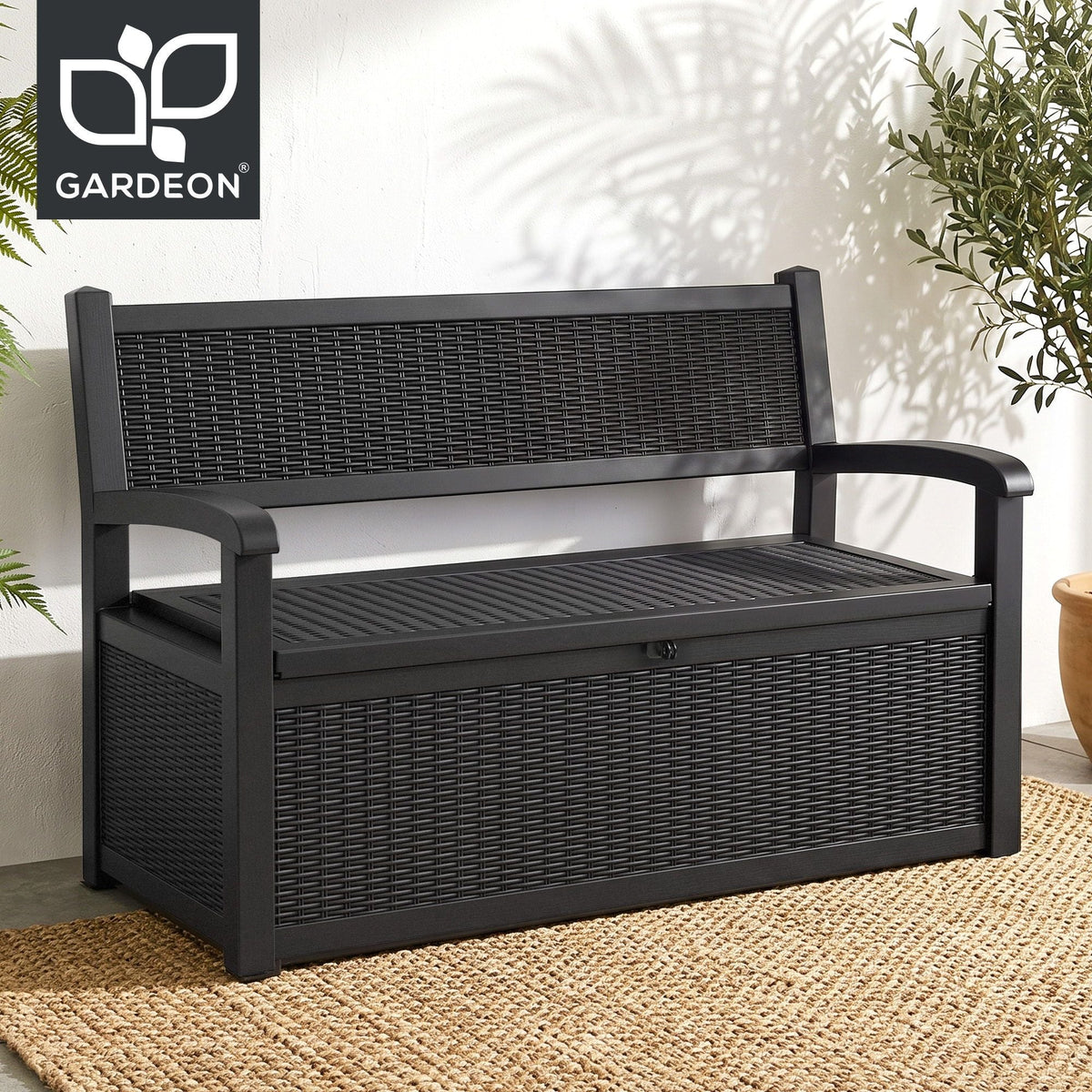 Outdoor Storage Box Bench with Backrest, Armrests & Lockable 254L Capacity - Black - Furniture > Outdoor > Outdoor Benches - Rivercity House & Home Co. (ABN 18 642 972 209) - Affordable Modern Furniture Australia