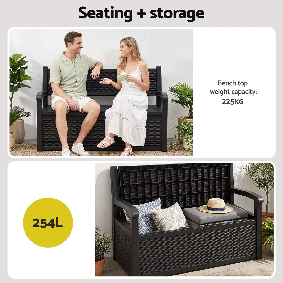 Outdoor Storage Box Bench with Backrest, Armrests & Lockable 254L Capacity - Black - Furniture > Outdoor > Outdoor Benches - Rivercity House & Home Co. (ABN 18 642 972 209) - Affordable Modern Furniture Australia