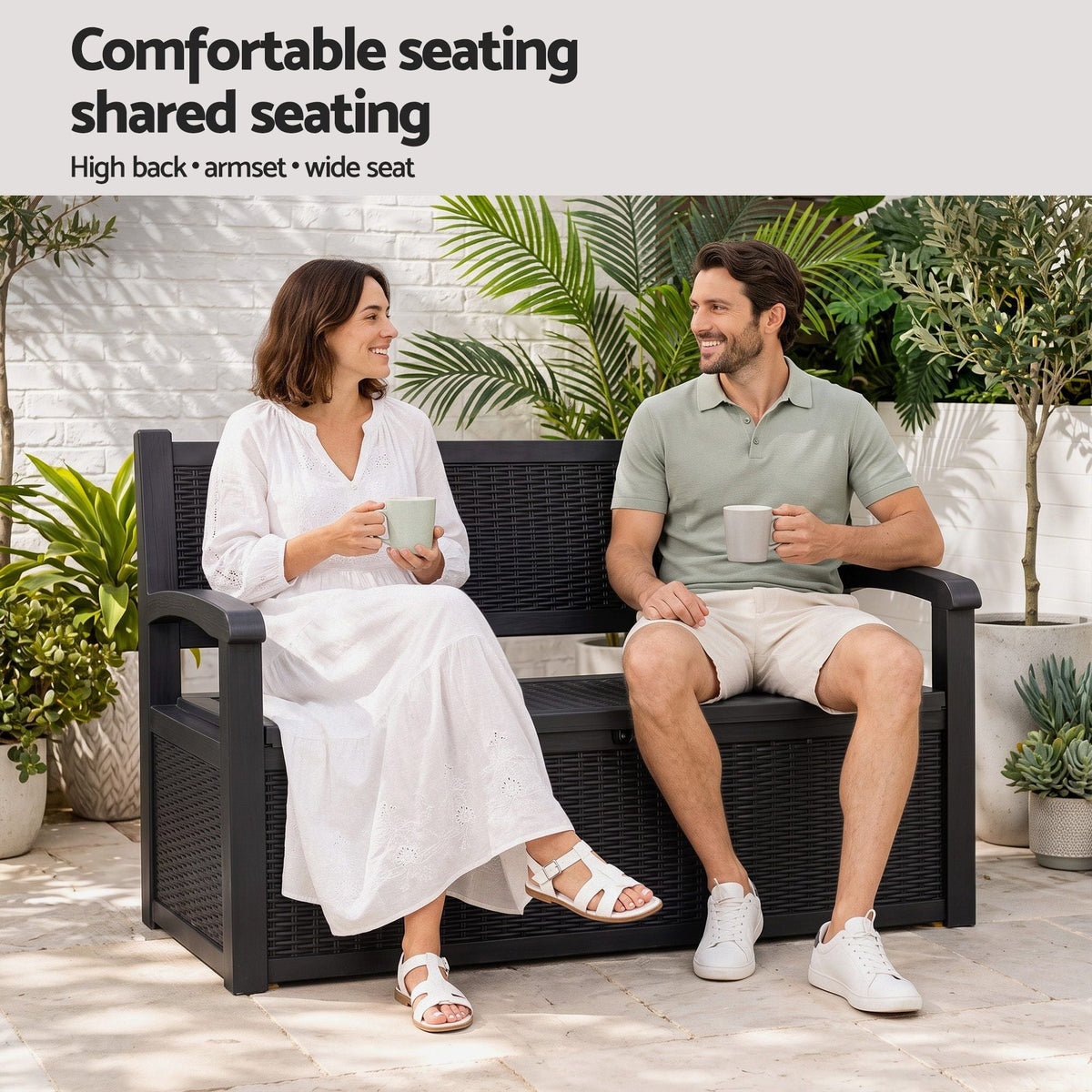 Outdoor Storage Box Bench with Backrest, Armrests & Lockable 254L Capacity - Black - Furniture > Outdoor > Outdoor Benches - Rivercity House & Home Co. (ABN 18 642 972 209) - Affordable Modern Furniture Australia