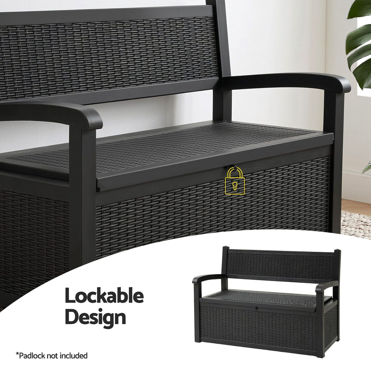 Outdoor Storage Box Bench with Backrest, Armrests & Lockable 254L Capacity - Black - Furniture > Outdoor > Outdoor Benches - Rivercity House & Home Co. (ABN 18 642 972 209) - Affordable Modern Furniture Australia