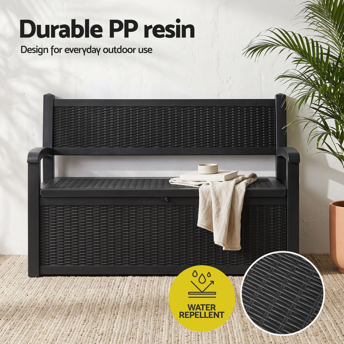 Outdoor Storage Box Bench with Backrest, Armrests & Lockable 254L Capacity - Black - Furniture > Outdoor > Outdoor Benches - Rivercity House & Home Co. (ABN 18 642 972 209) - Affordable Modern Furniture Australia