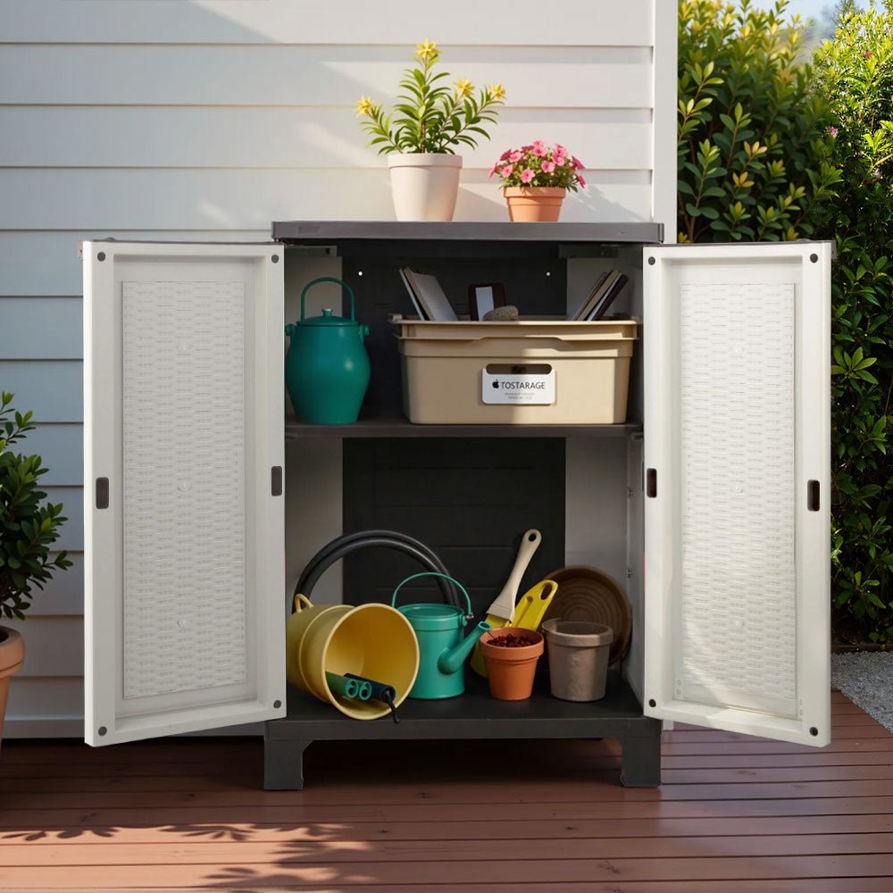 Outdoor Storage Cabinet Box 92cm Lockable Cupboard Sheds Adjustable Rattan Beige - Home & Garden > Storage > Storage Cabinets & Lockers - Rivercity House & Home Co. (ABN 18 642 972 209) - Affordable Modern Furniture Australia